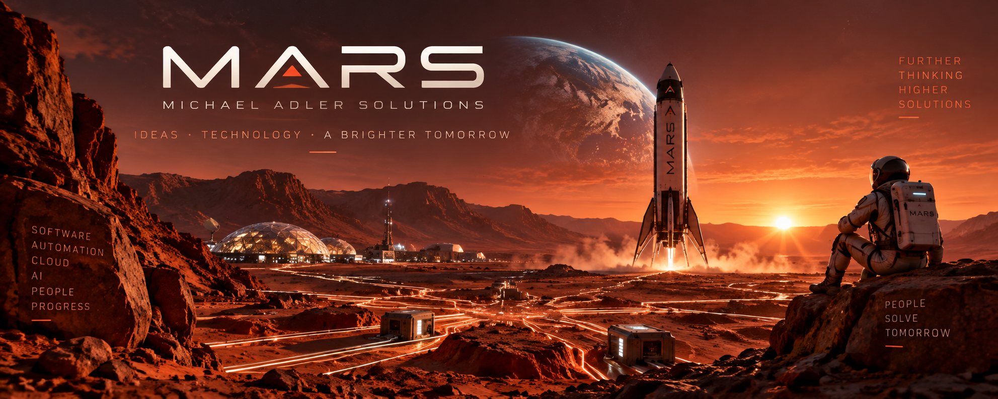 Mars in der Abenddämmerung mit Kuppeln, einer Rakete und leuchtenden Netzwerklinien